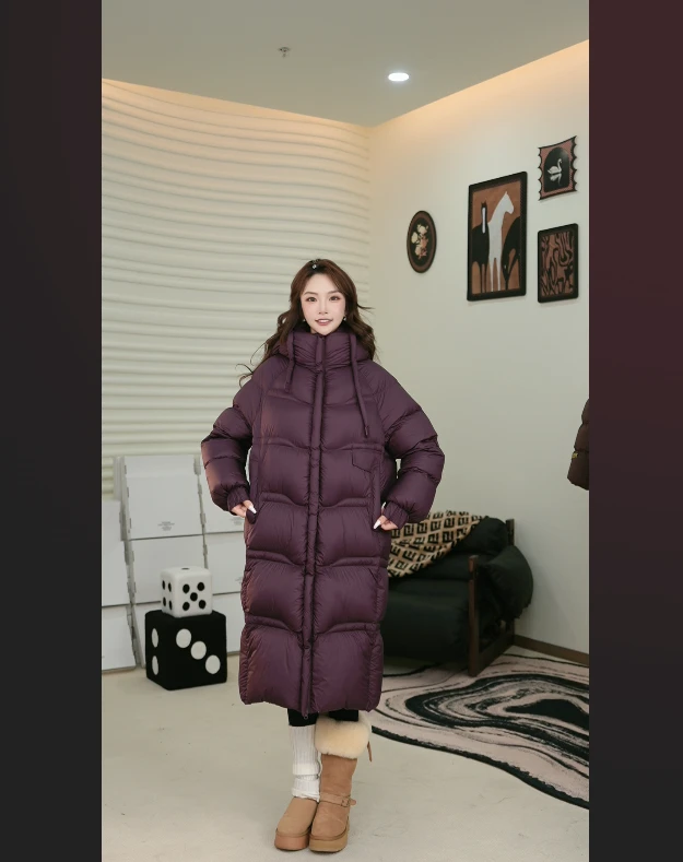 90白鹅绒长款羽绒服情侣过膝连帽羽绒服保暖冬季加款厚90绒-5209