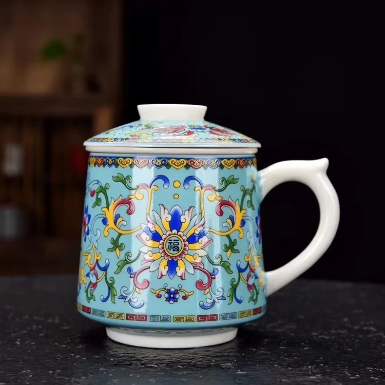 缠枝莲茶水分离陶瓷水杯大容量带盖泡茶主人杯老板办公杯@450