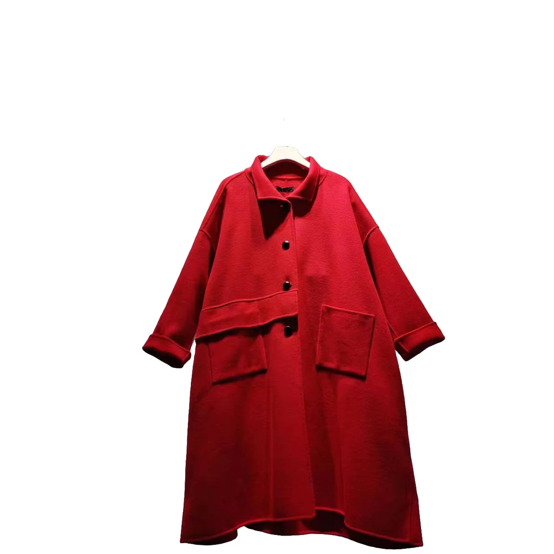 【严姐服饰】秋冬新款纯色长款毛呢外套5342宽松阔版翻领长袖百搭女