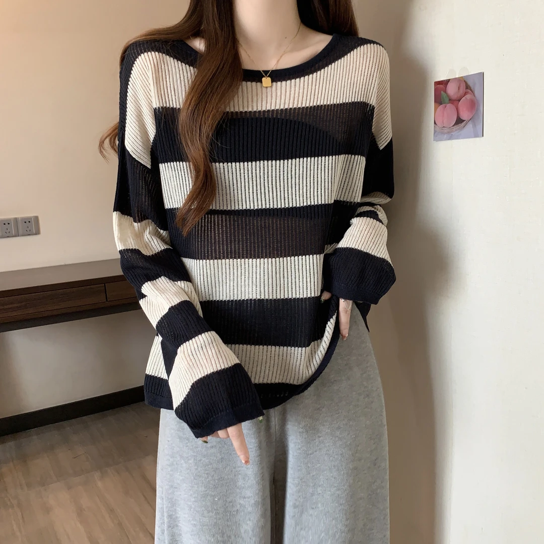 【主播专属】大码女装慵懒风圆领撞色条纹针织衫防晒衣镂空薄款罩衫