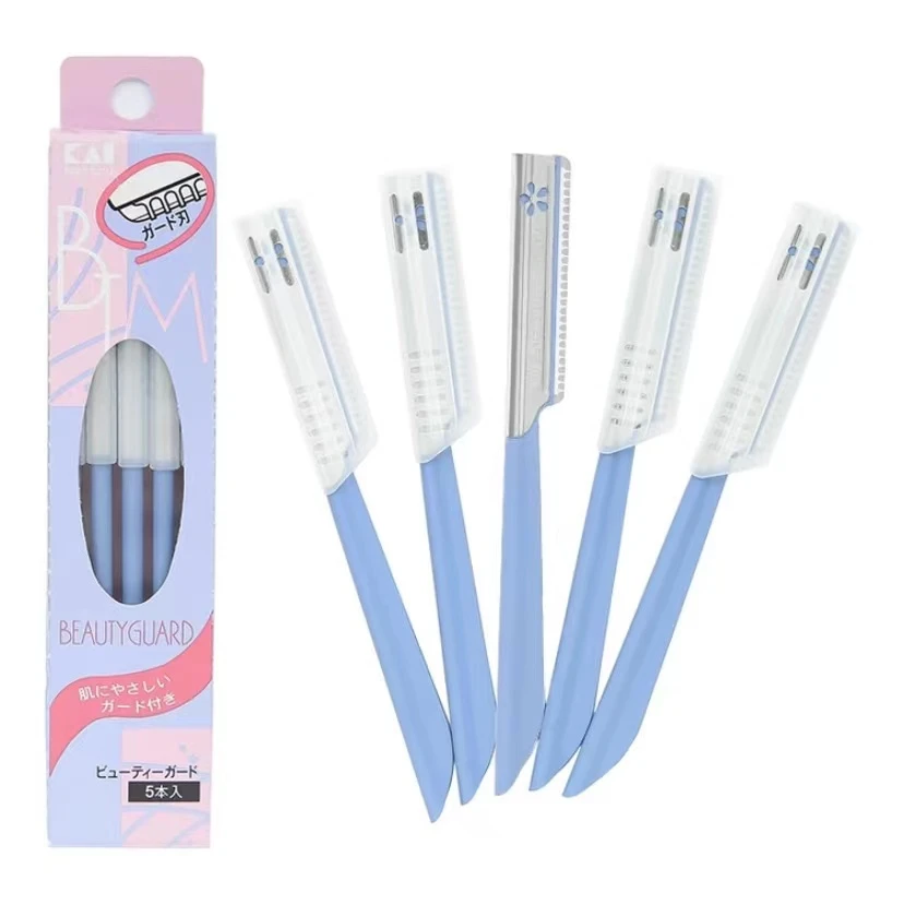 日本进口刮眉刀1盒装(5支装)有防护网锋利耐用不易刮伤安全型蓝色