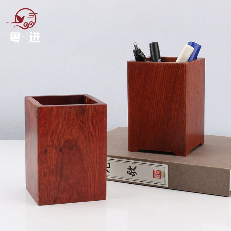 缅花木制方形笔筒红木光板弯角实木文房笔筒榫卯结构红木方形笔筒