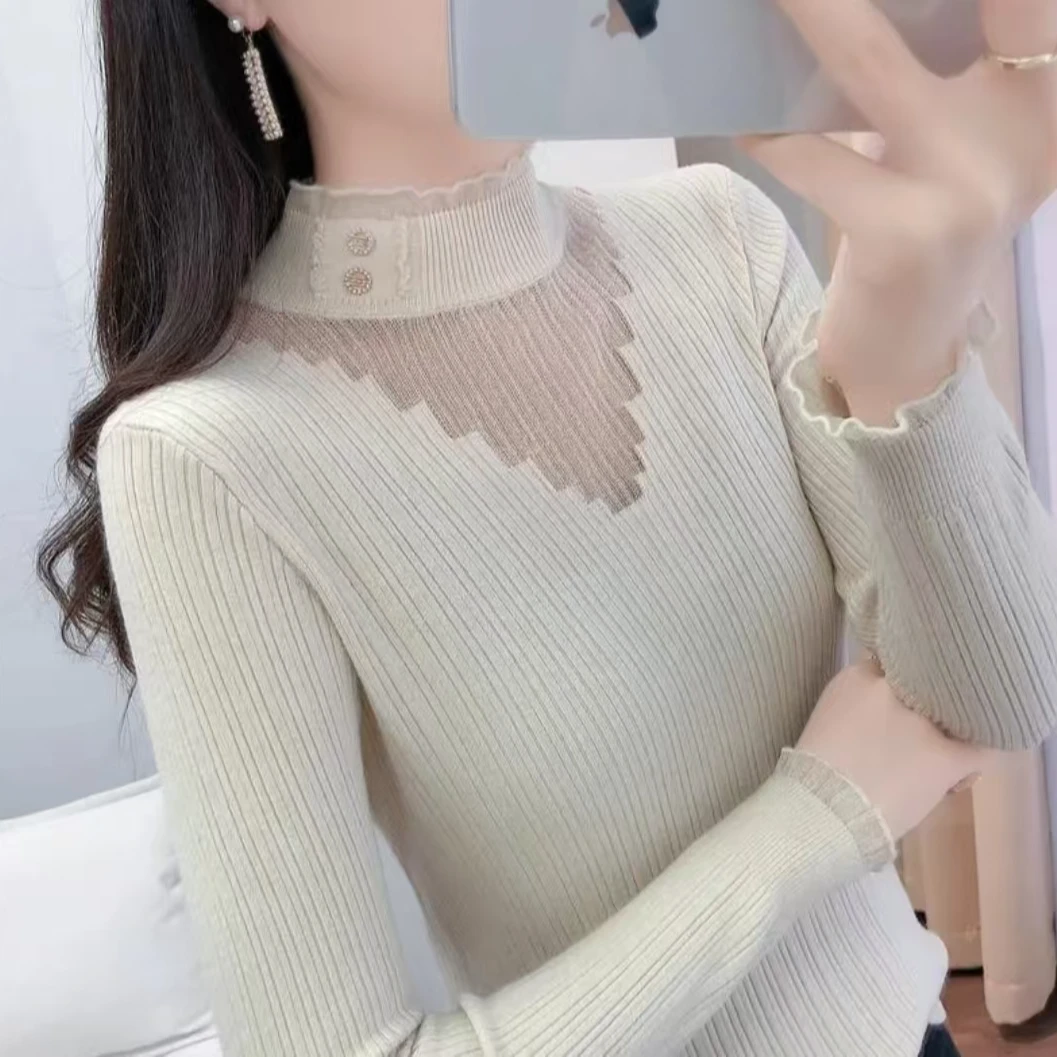 2024秋冬新款半高领毛衣修身蕾丝针织衫内搭上衣洋气打底衫