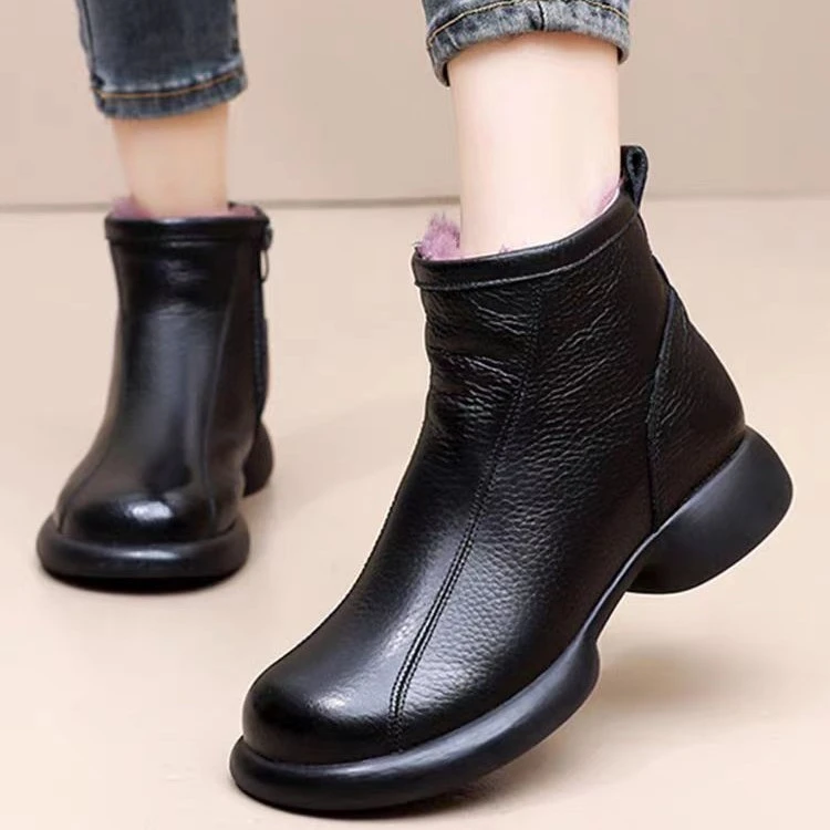 头层牛皮羊毛一体内里软底加绒复古冬季女棉鞋