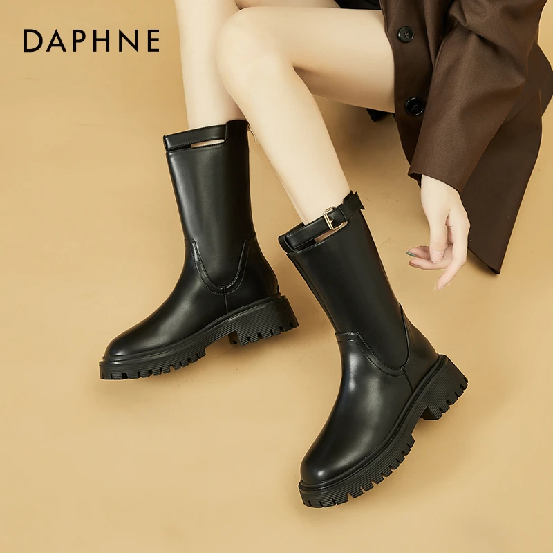 达芙妮筒靴女靴子女中筒靴2025年秋冬新款加绒厚底黑色马丁靴高帮