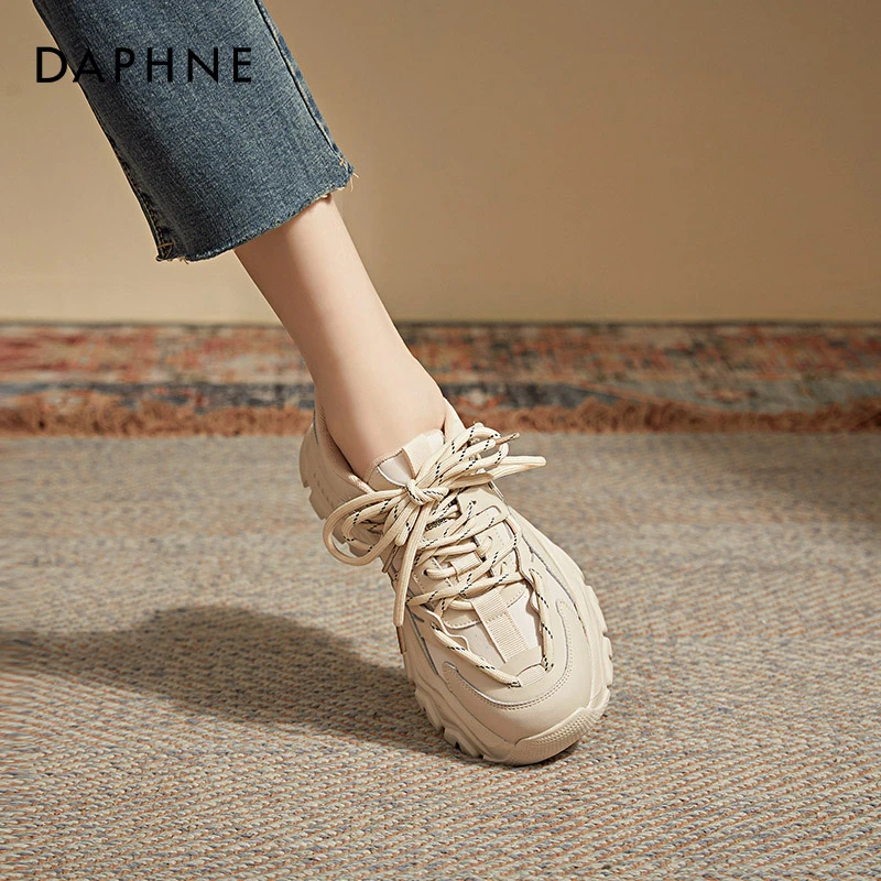 达芙妮真皮透气老爹鞋女款夏季2025夏秋新款显脚小厚底轻便运动鞋