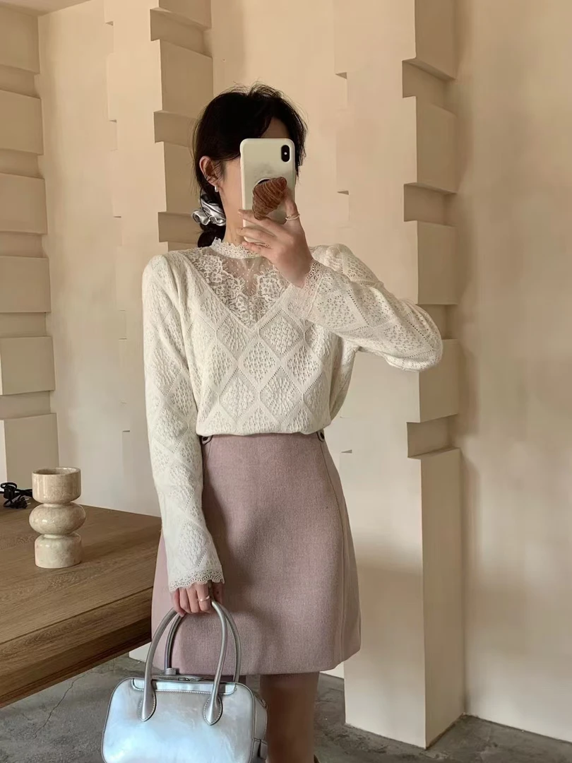 【JING·】5976高定重工蕾丝V领小衫