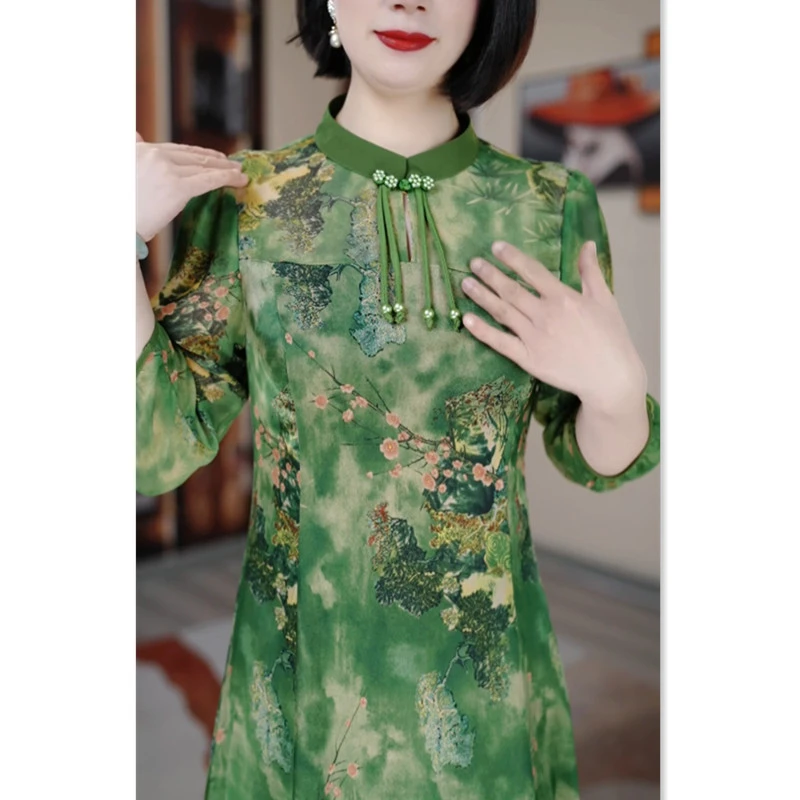 绿色花印花修身收腰显瘦遮肉改良女装连衣裙HR0270时尚新款