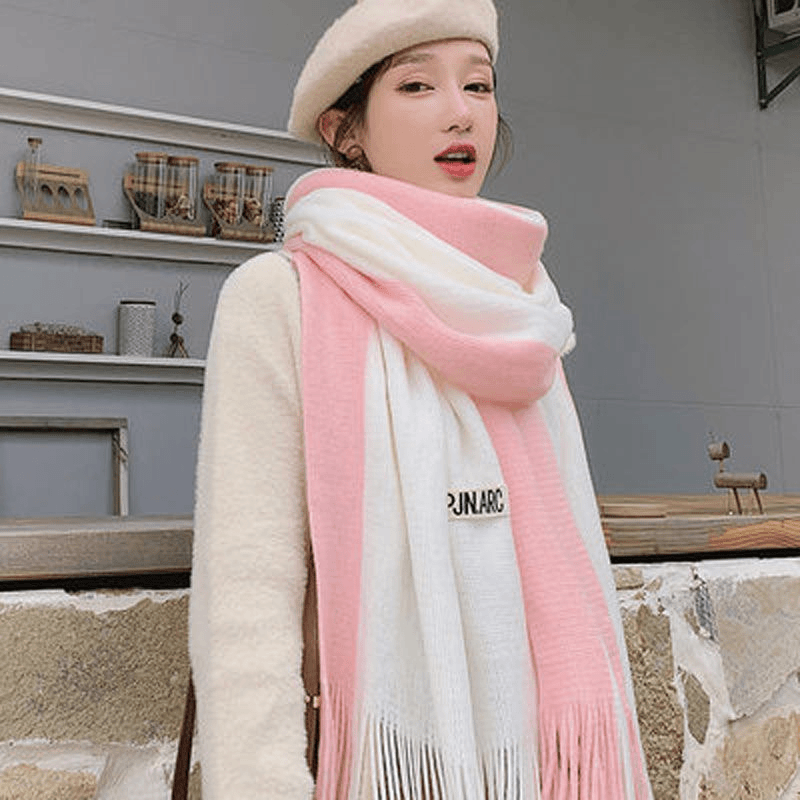 青春文艺学生简约拼色围脖流苏韩版百搭保暖秋冬围巾男女春季新款
