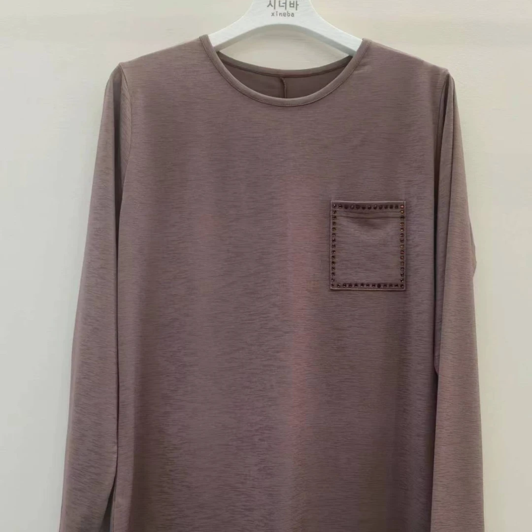 【xineba韩国鞋】新款圆领长袖T恤女士黑色百搭时尚打底休闲常规