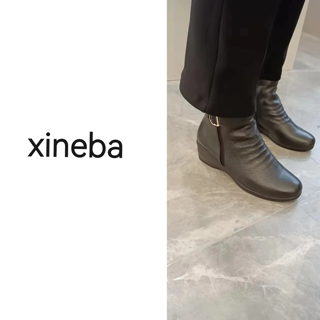 【xineba】韩国圆头时尚坡跟短靴女款真皮加绒时装秋冬休闲女士