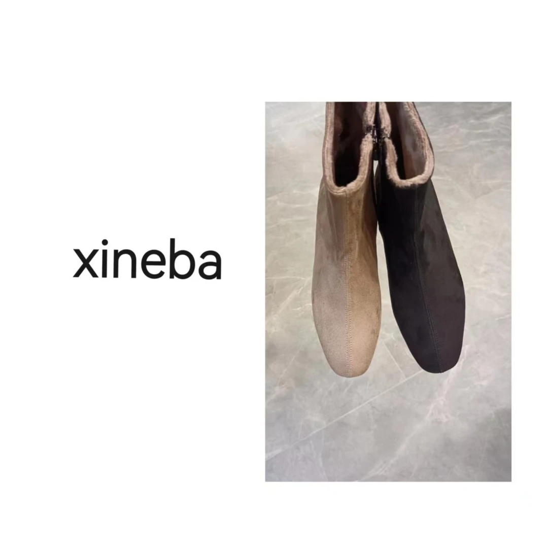 【xineba】韩国绒面3公分中筒靴子时尚时装休闲粗跟百搭英伦女士