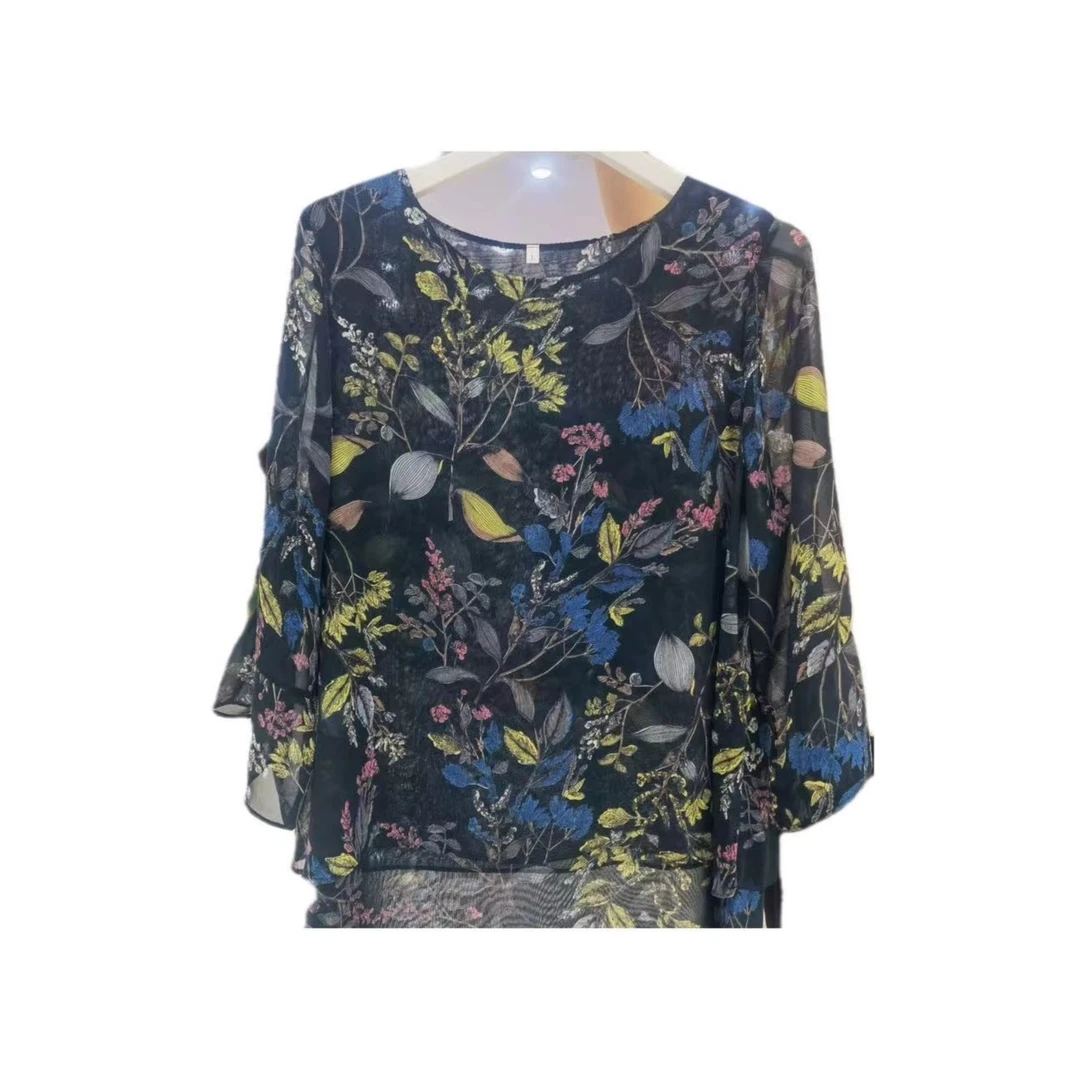 【xineba】韩国女士树叶纹圆领中袖衫女款时尚印花休闲百搭宽松