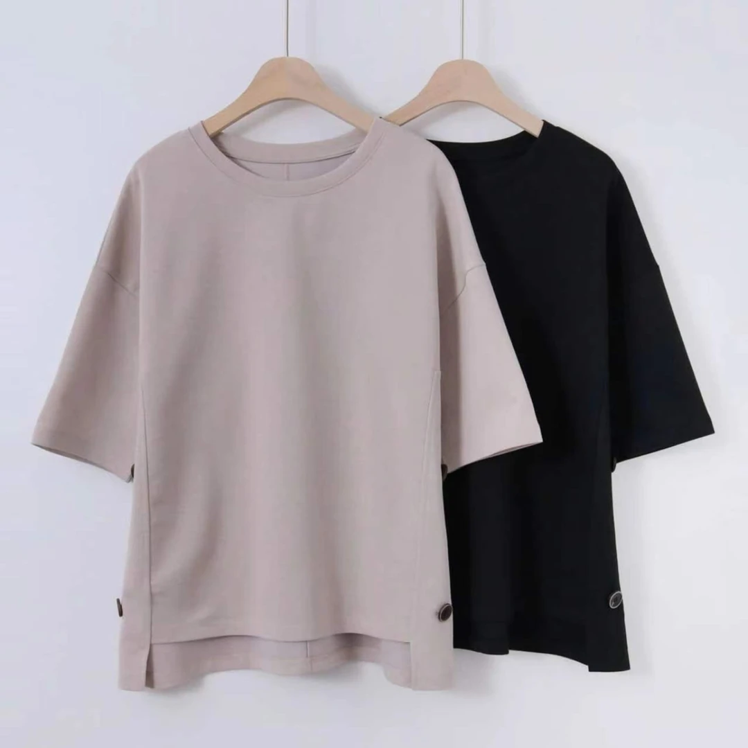 【xineba韩国鞋】2024新款两个扣落肩短袖圆领女士时尚宽松休闲纯色