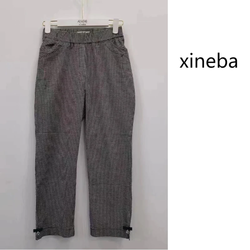 【xineba韩国鞋】2025新款女士格纹蝴蝶结直筒裤时尚百搭潮流洋气