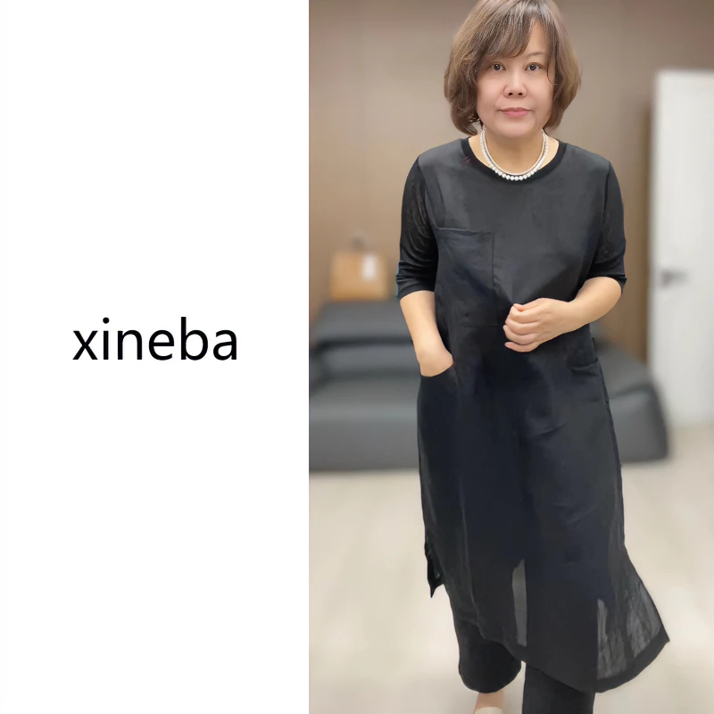 【xineba韩国鞋】2024新款麻料中袖连衣裙时尚洋气显瘦圆领休闲夏季