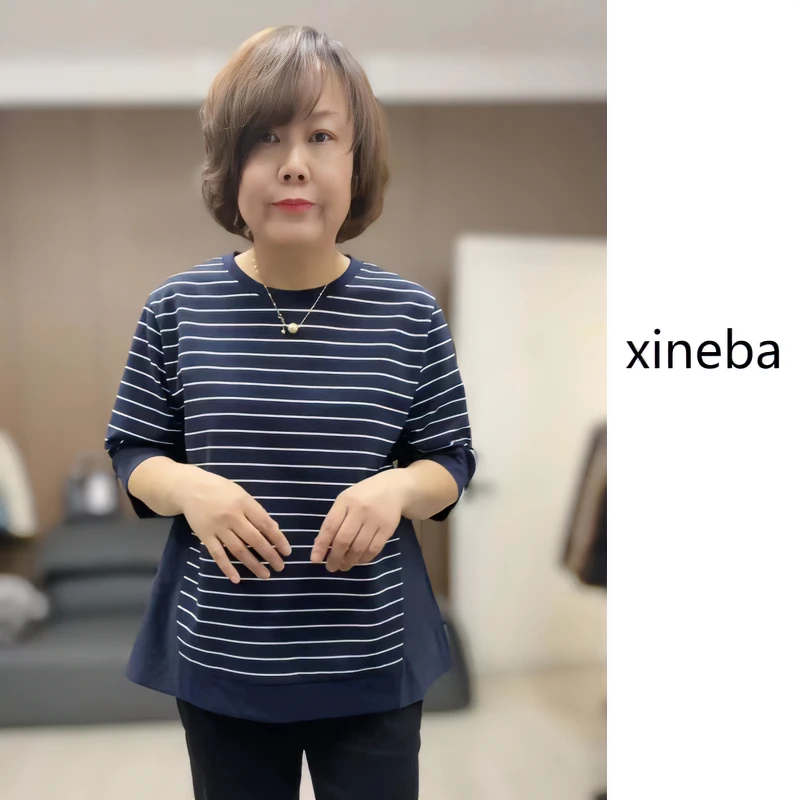 【xineba韩国鞋】2024新款女士条纹圆领小衫百搭时尚打底洋气上衣