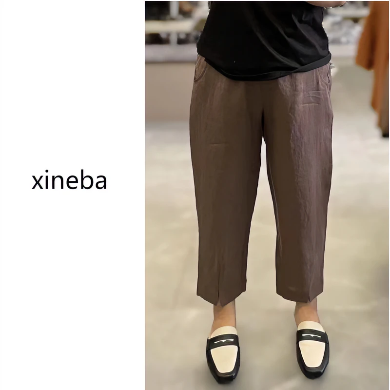 【xineba韩国鞋】亚麻萝卜裤2024女士新款咖色休闲九分时尚洋气透气