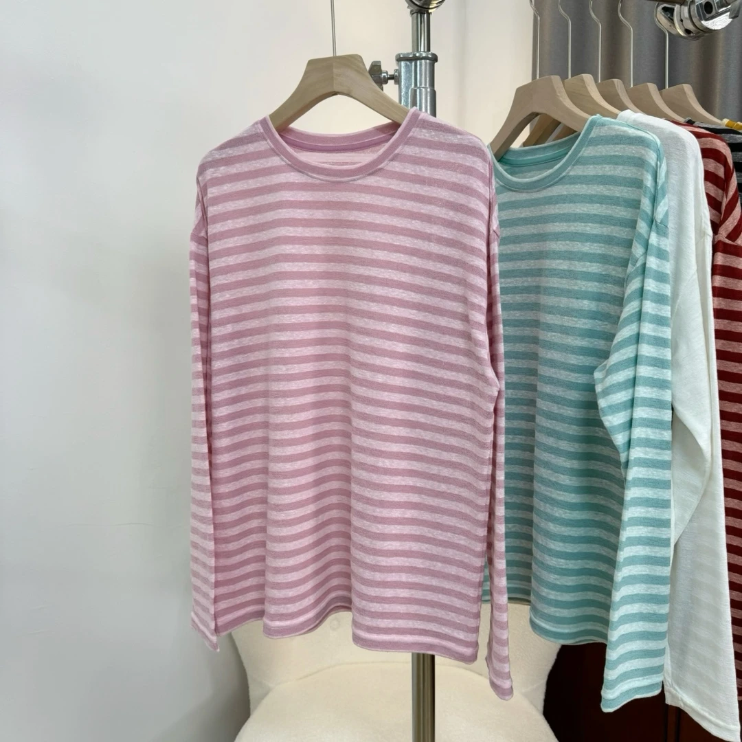 【若若美】X-1585雪花条长袖T恤圆领百搭条纹长T女简约套头防晒上衣