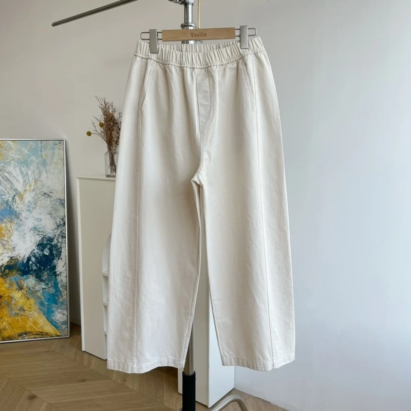【若若美】X-1274水洗麻白休闲裤棉花壳显瘦松紧腰女宽松直筒裤