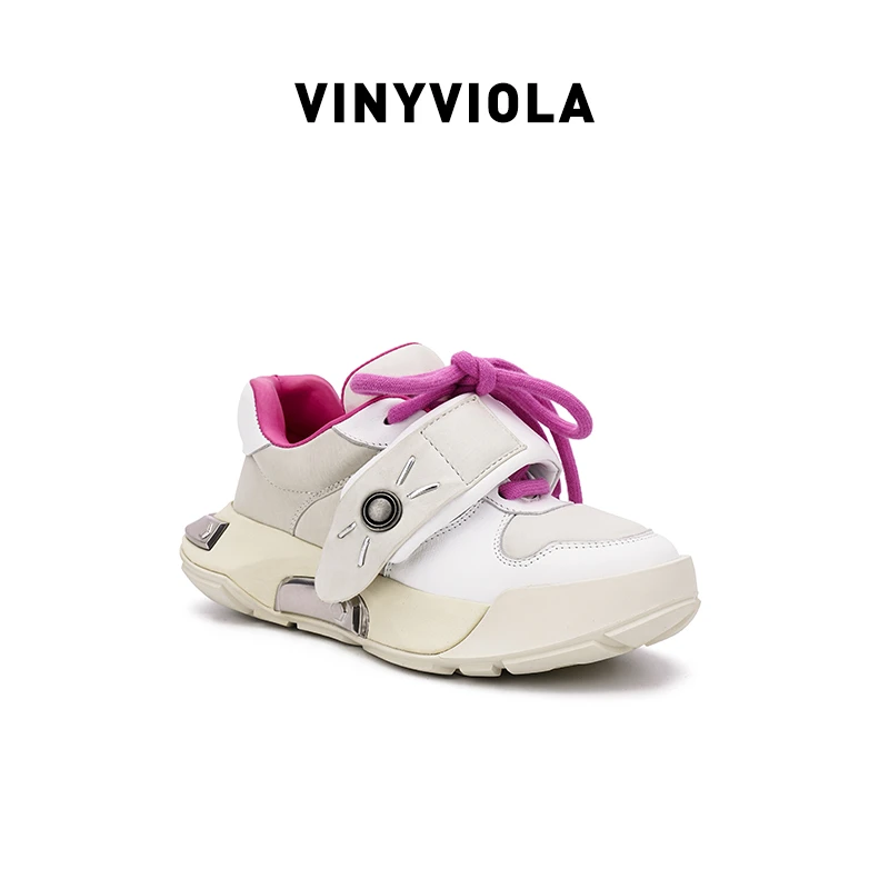 VINYVIOLA夏23年新款圆头撞色平底休闲老爹鞋