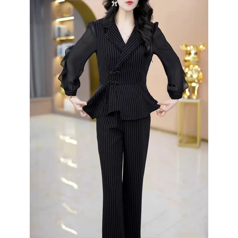 高端新中式条纹时尚套装女2024秋新款修身显瘦百搭西服裤子两件套