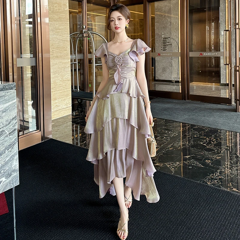 91168法式不规则白色长款a字蛋糕裙夏季高腰方领女人味连衣裙