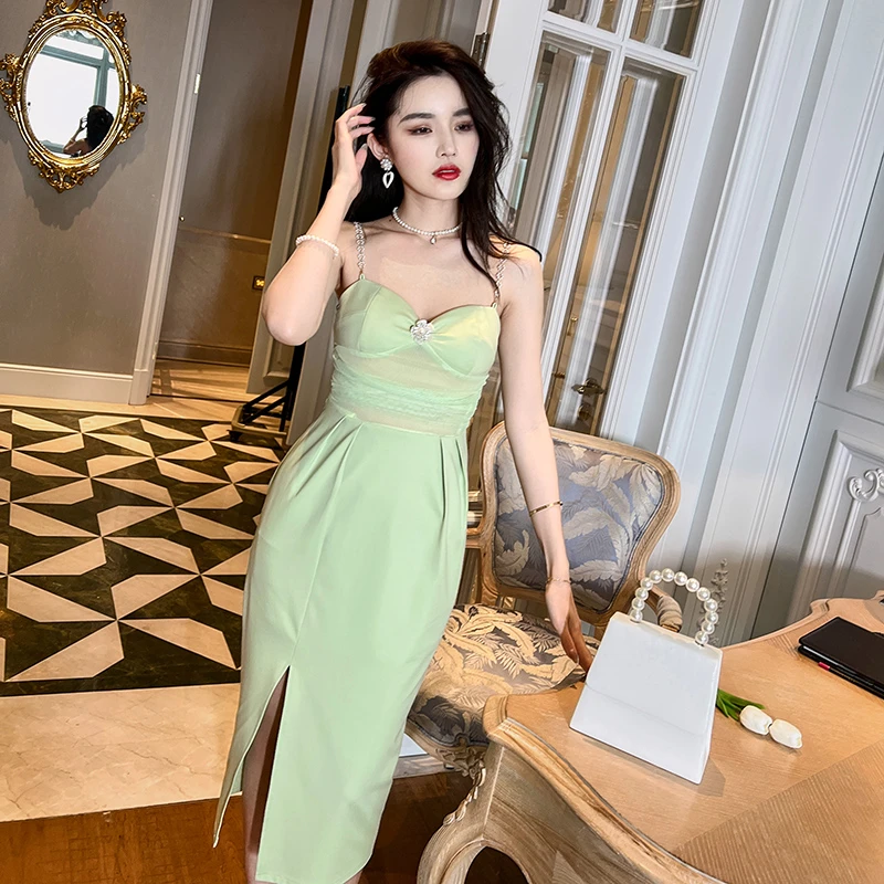 10075 夏季收腰遮肚子裹胸吊带包臀裙女性感轻熟风开叉连衣裙特价