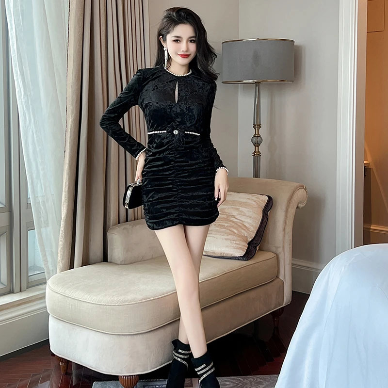 20776新款时尚设计师重工黑色修身气质名媛短款洋气连衣裙