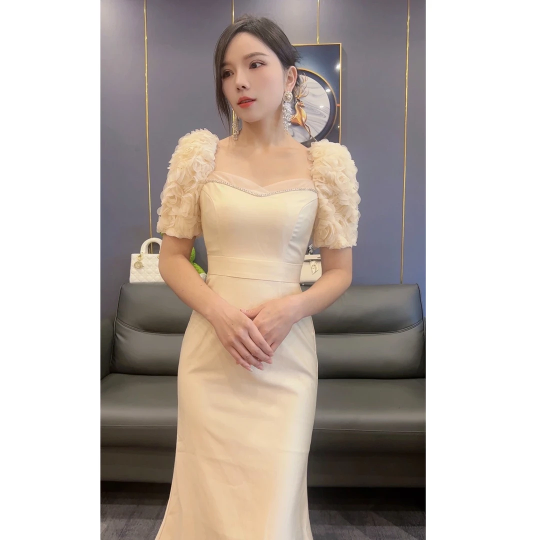 【牛一一定制】夏季新款重工礼服气质中长裙法式宴会连衣裙50330