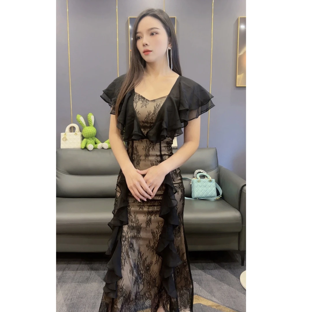 【牛一一定制】高级大气贵妇薄款蕾丝黑色复古长款礼服连衣裙10519