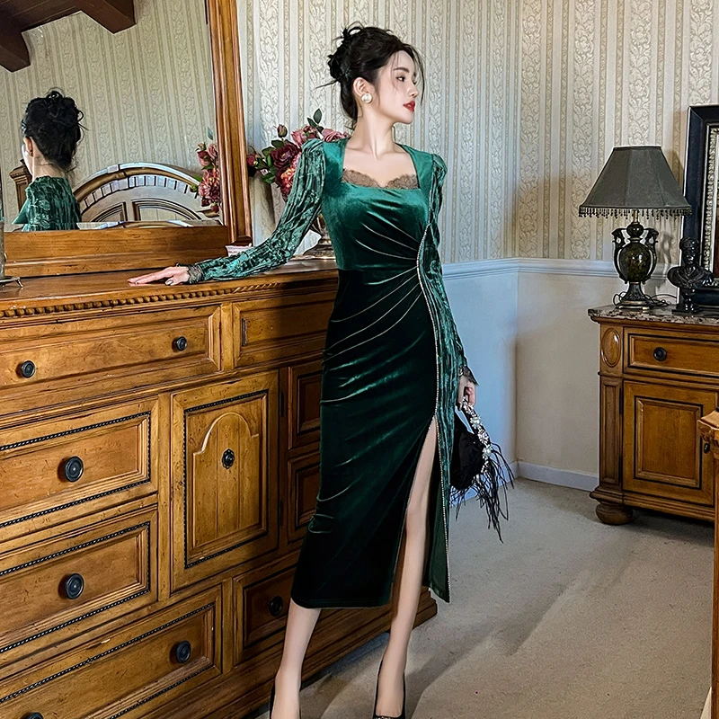 秋冬长袖绿色丝绒保暖显瘦显白加绒气质性感连衣裙20993