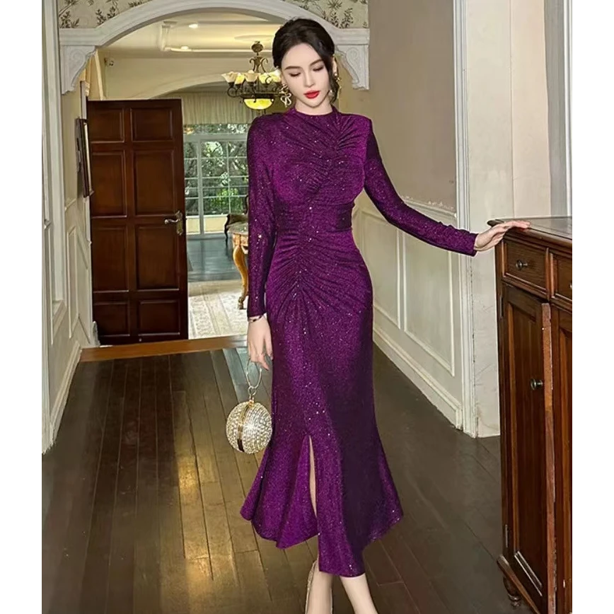 2024新款设计感褶皱遮肚子鱼尾长裙细闪开叉纯欲连衣裙30615