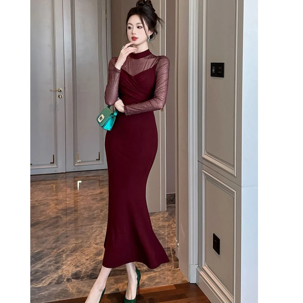 秋冬新款长款开叉修身名媛显瘦气质长袖时尚连衣裙 80407
