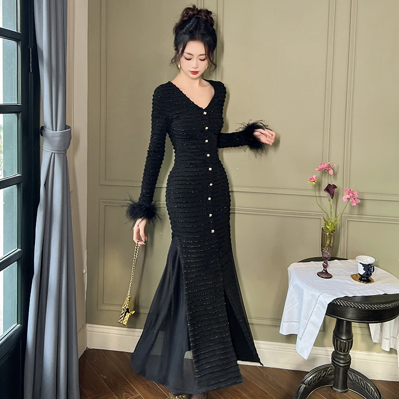 秋冬黑色气质时尚修身名媛优雅百搭长袖连衣裙40164