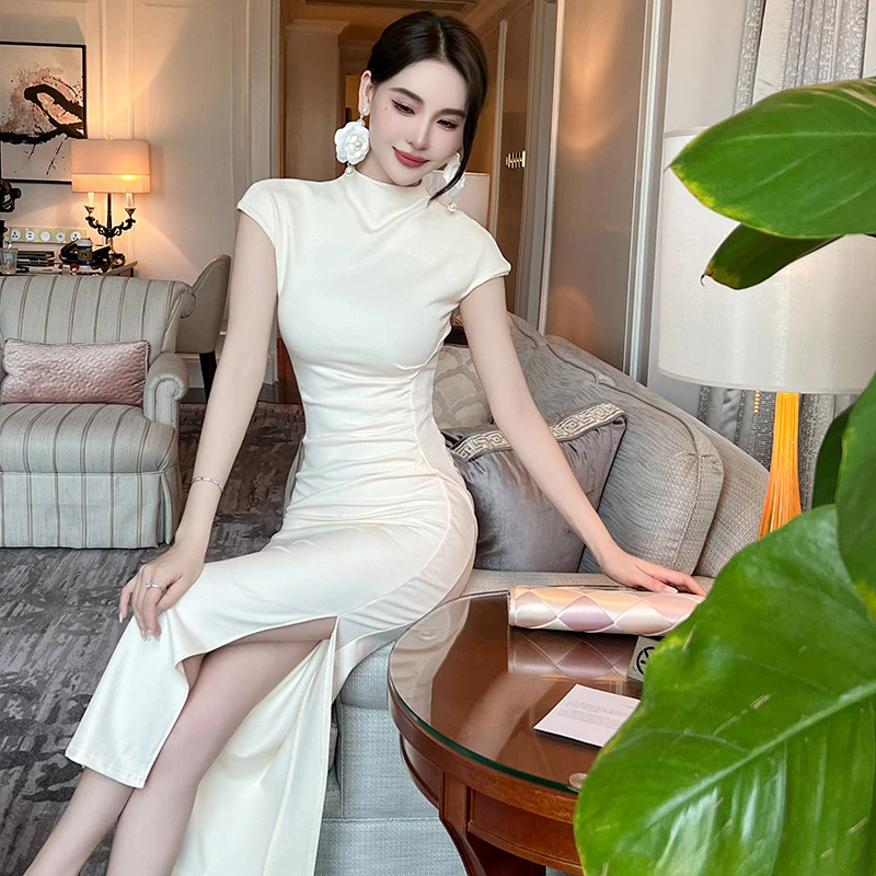 6232夏季新款女装立领纯色修身长裙设计感开叉长款包臀连衣裙