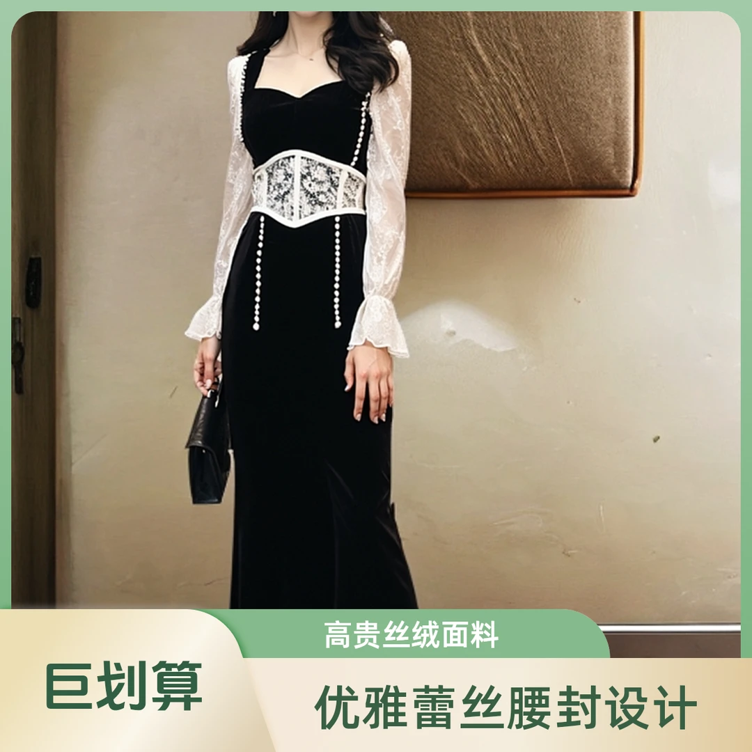 新款轻奢时尚连衣裙法式长裙蕾丝显瘦气质长袖高贵丝绒优雅15325