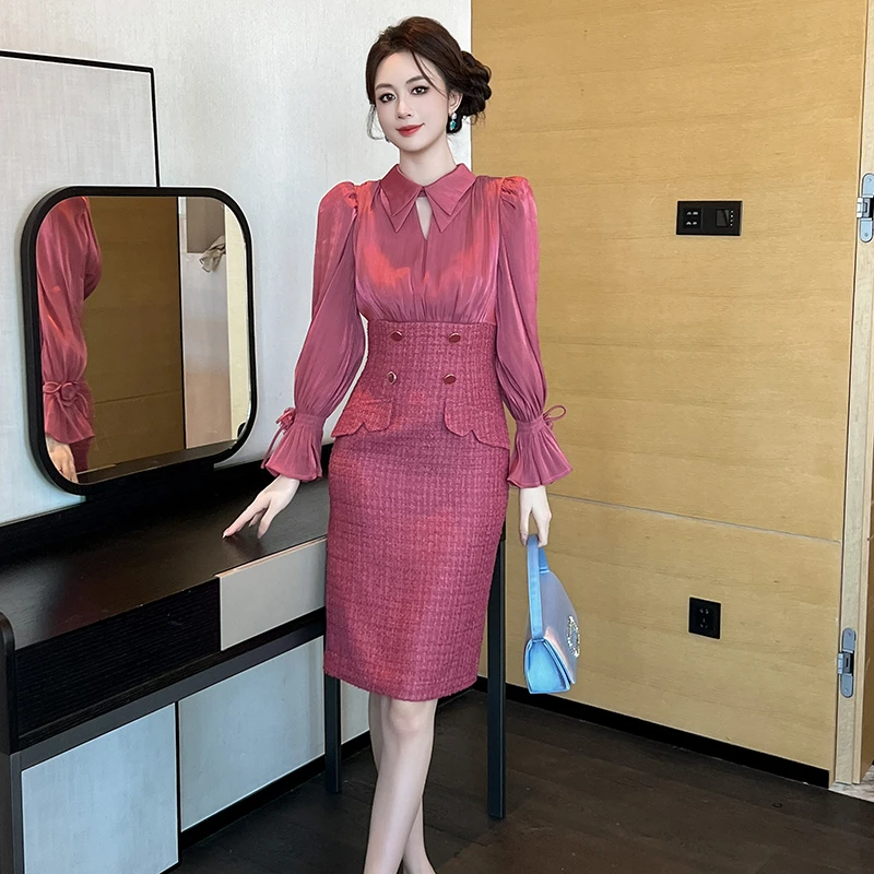 设计师定制秋季新款时尚气质包臀修身显瘦针织法式连衣裙61108