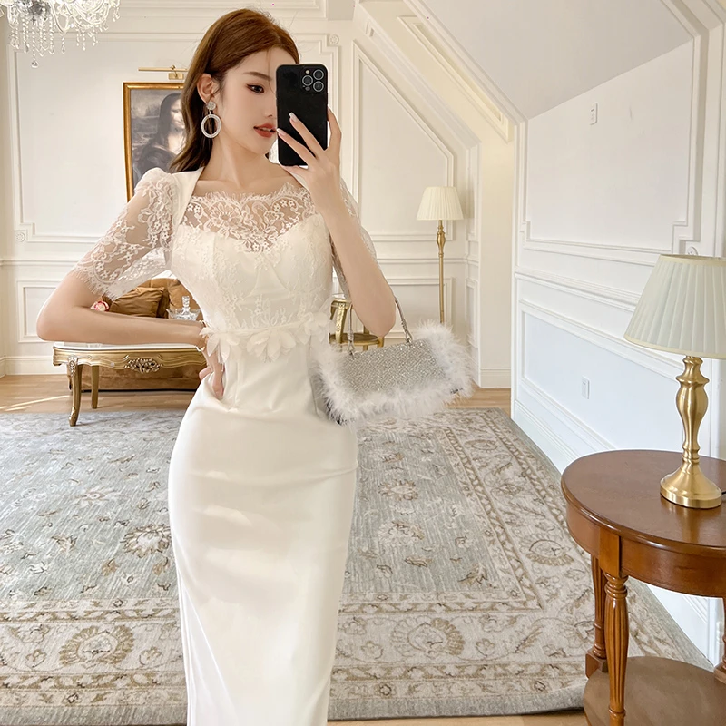 夏季礼服白色修身蕾丝高贵时尚气质宴会茶歇法式连衣裙20372