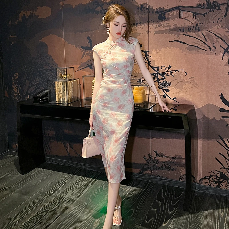 夏季新款新中式旗袍盘扣设计优雅碎花开叉连衣裙30488