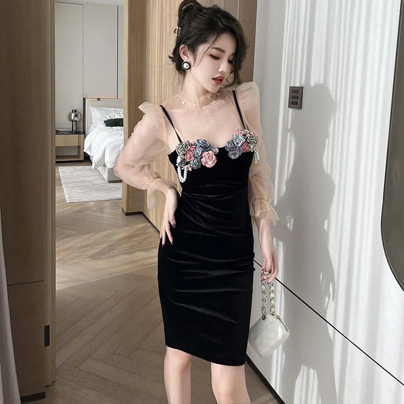 秋季新款派对礼服裙花束吊带网纱丝绒连衣裙两件套女9539