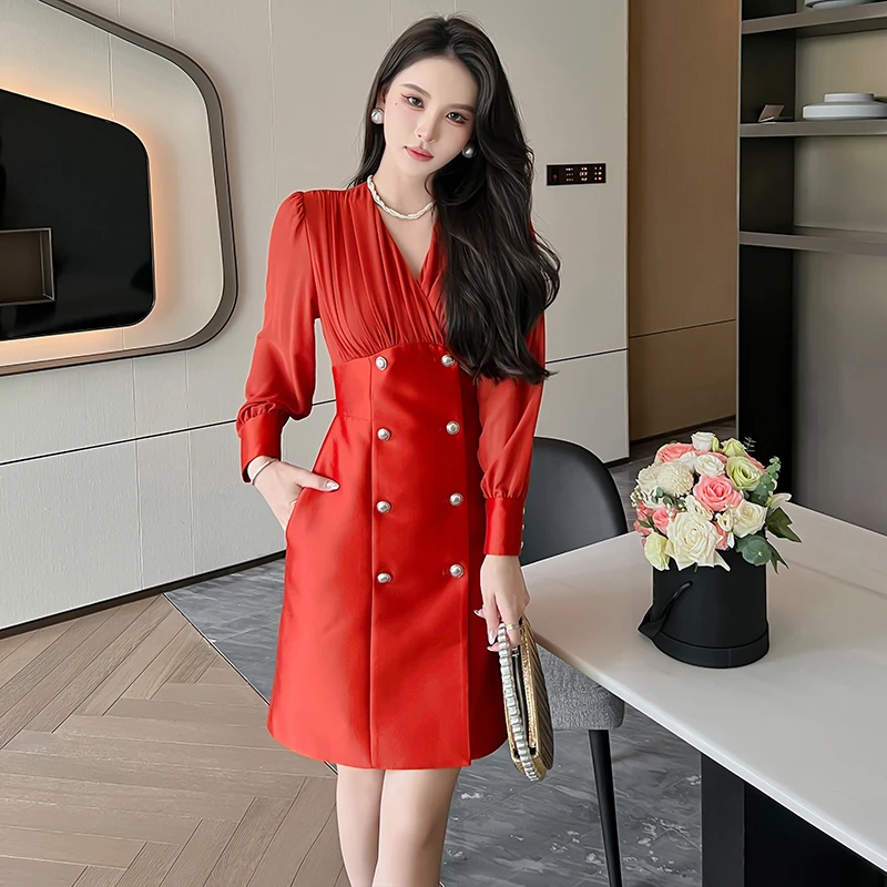 5967新款秋冬法式小众茶歇气质拼接御姐收腰包臀连衣裙