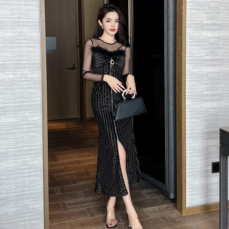 新款高贵时尚包臀设计师性感走秀年会宴会长款轻奢连衣裙20718