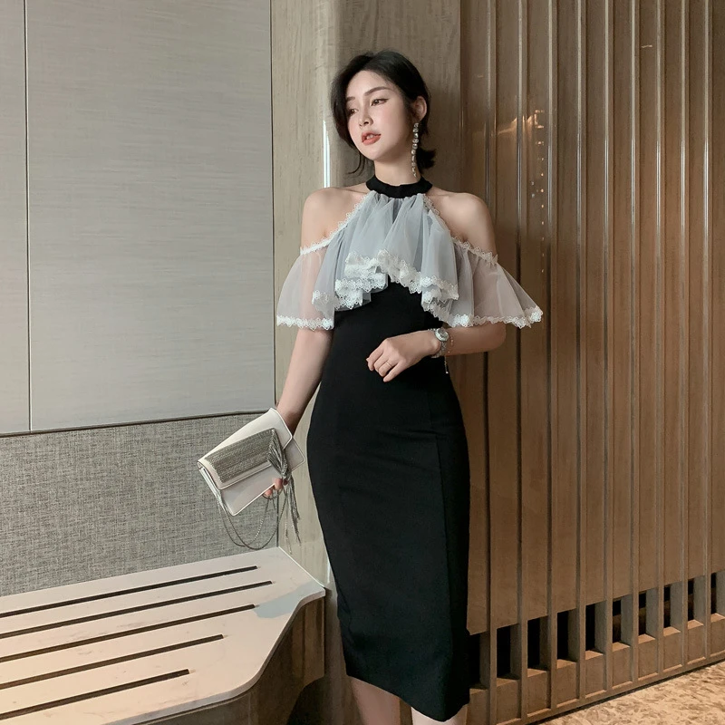 挂脖礼服晚装夏装新款女装网纱荷叶边修身显瘦黑色连衣裙1772
