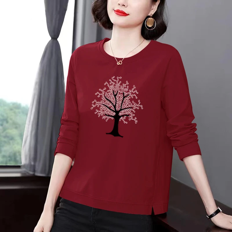 中老年妈妈装新款纯棉长袖t恤女打底衫减龄小衫秋款大码宽松上衣