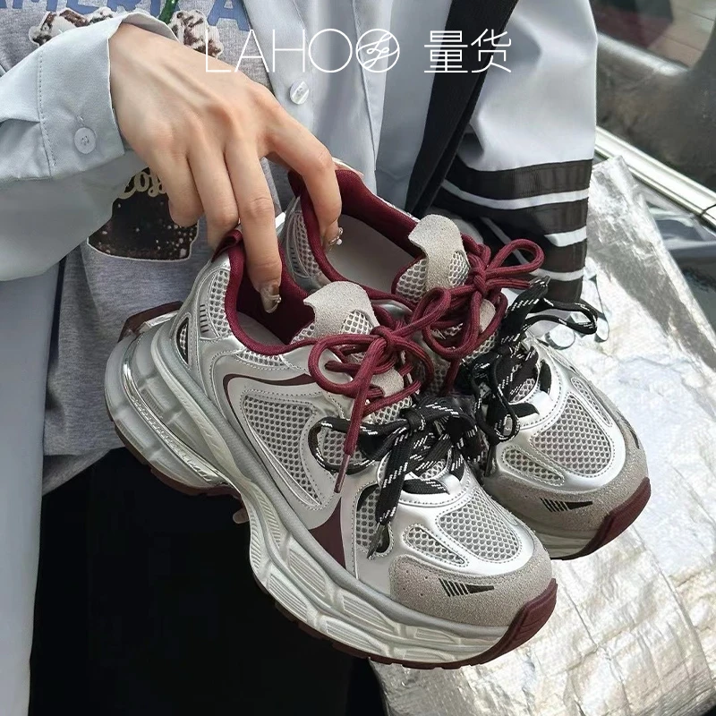 真皮双鞋带老爹鞋女秋季新款小个子增高百搭网面透气老爹鞋8810