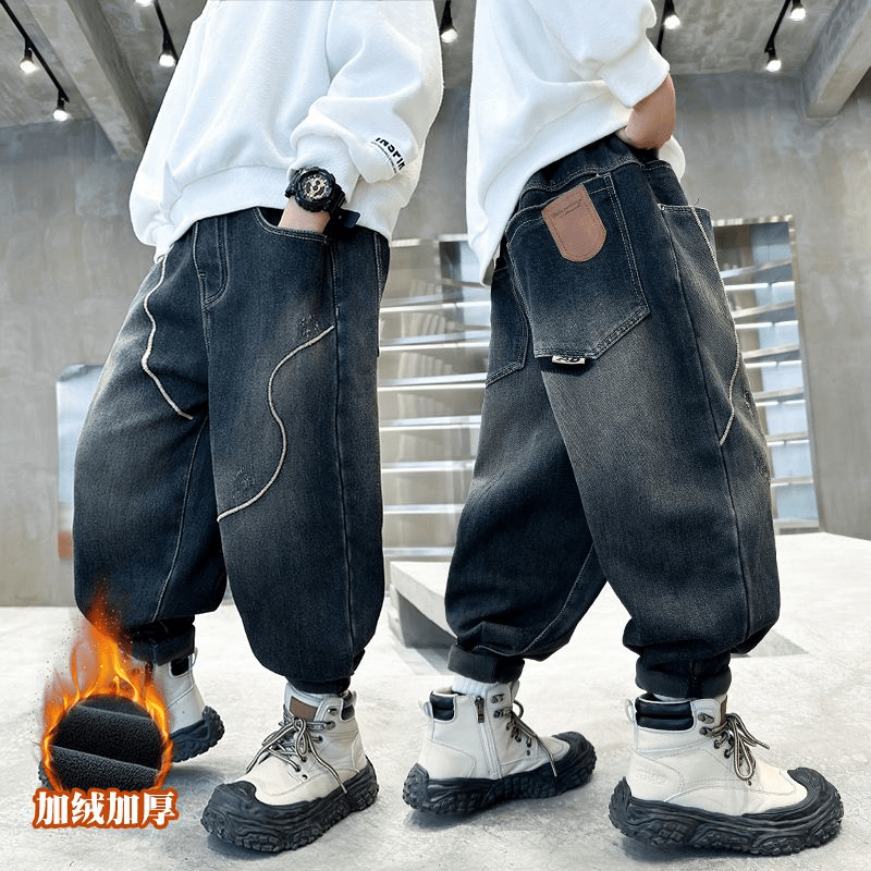 男童加绒牛仔裤秋冬款2023新款中大童保暖长裤束脚儿童潮宽松裤子