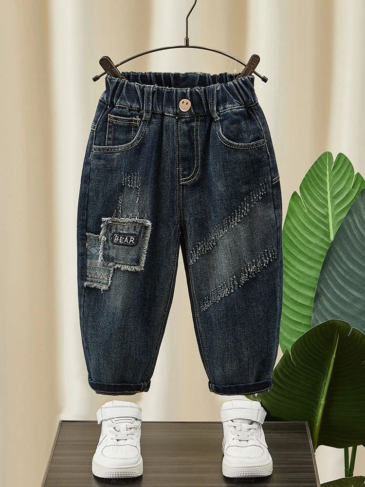 男童牛仔裤春秋款2023新款潮酷帅气破洞长裤儿童秋季直筒宽松裤子