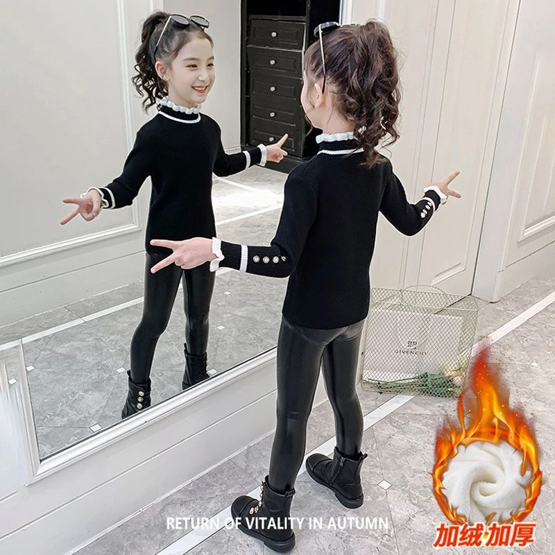 女童打底衫毛衣2023春秋新款洋气韩版女孩秋冬加绒加厚上衣针织衫