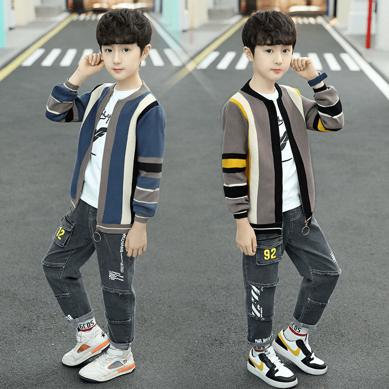 童装男童秋装开衫套装2023新款春秋针织毛衣牛仔裤中大童两件套潮
